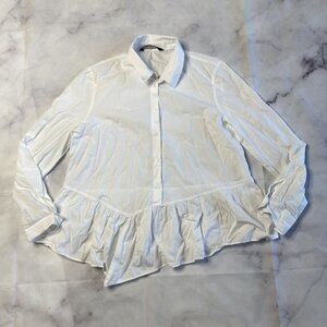 Zara Woman White Button Up Shirt Top Womens Size Large Ruffles Assymetrical c70